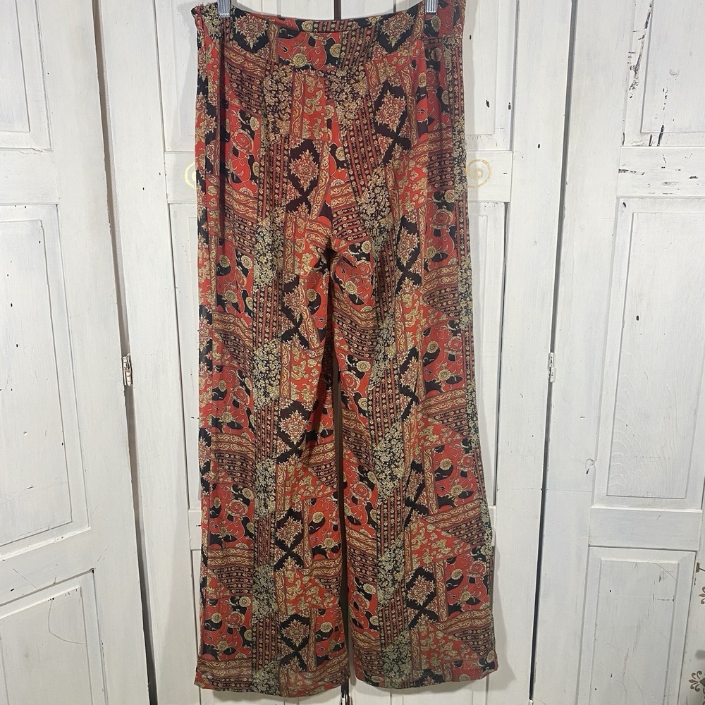 Fora Sheer Wide Leg Pants L Red Baroque Print Boho Festival w Built In Shorts - Picture 3 of 8